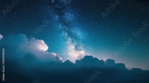 A breathtaking view of the night sky adorned with sparkling stars, a radiant Milky Way, and soft clouds, creating a serene and enchanting cosmic landscape.