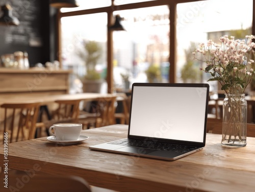 Wallpaper Mural Laptop on table in stylish coffee shop with warm ambiance and natural light Torontodigital.ca
