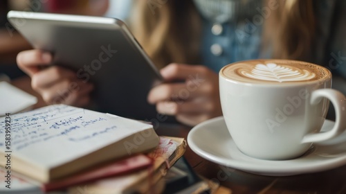 Person using a tablet while enjoying a coffee.