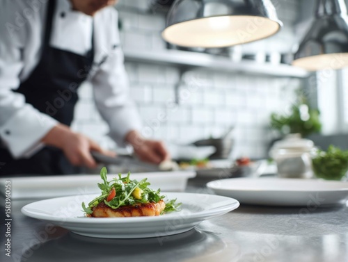 Wallpaper Mural Professional chef preparing and plating gourmet meal in modern kitchen Torontodigital.ca