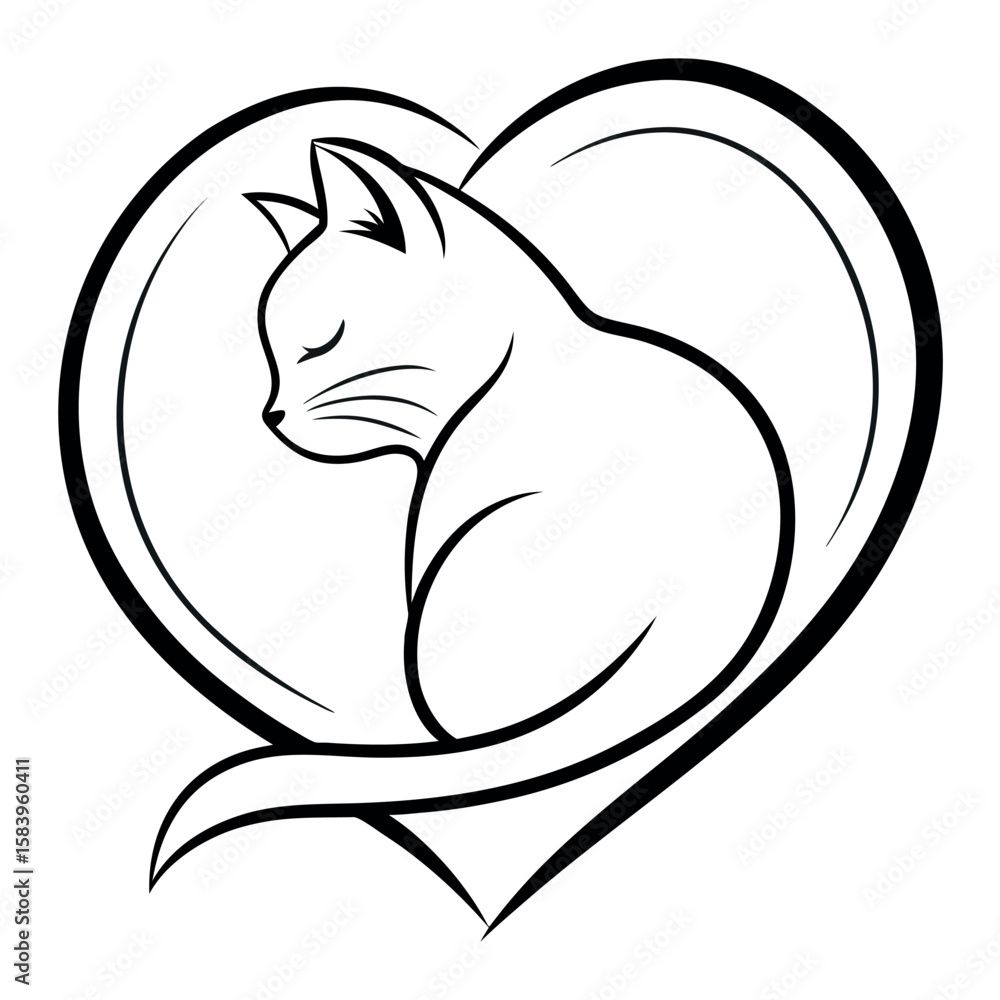 Fototapeta premium Black outline cat sleeping inside a heart shape kitten