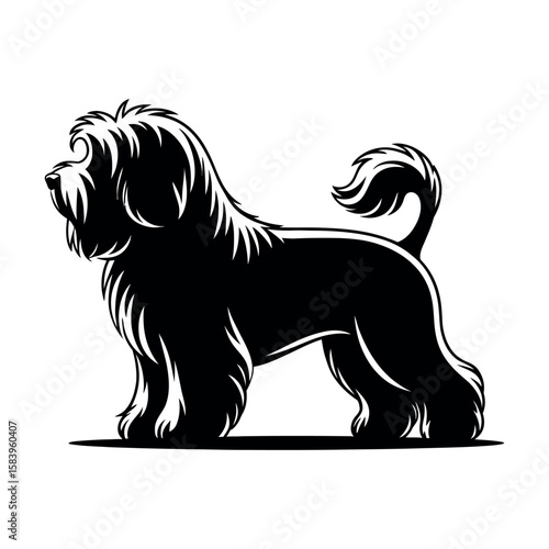 Black shaggy dog silhouette standing profile view white background