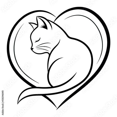 Black outline cat sleeping inside a heart shape kitten