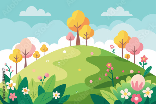 Cartoon Landscape with Distant Windmill on a Hill