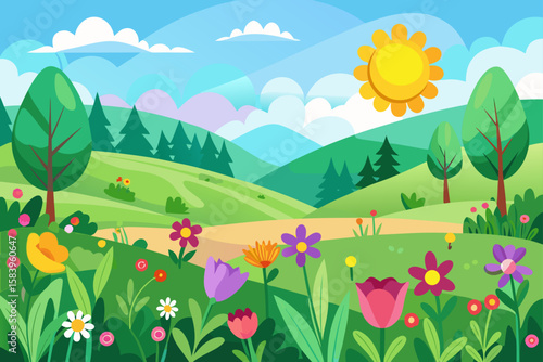 Cartoon Spring Field with Colorful Wildflowers and Green Grass