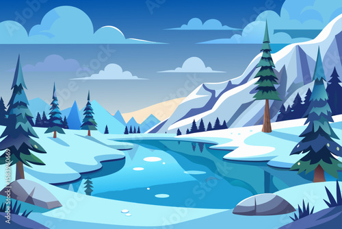 Cartoon Snowy Landscape with Frozen Lake and Pine Trees