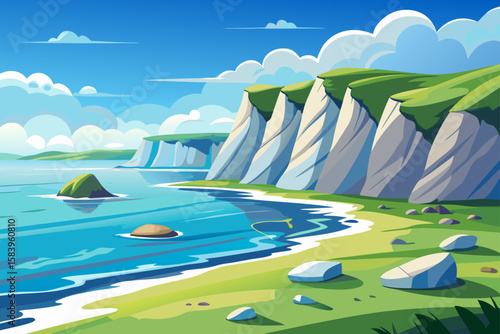 Flat Coastline with Grassy Cliffs and Scattered Stones