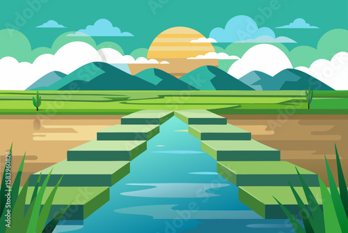 Flat Design Rice Field Flooded with Water