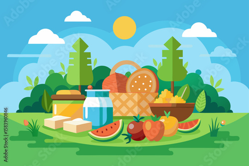 Flat Design of an Open Picnic Setup with Fruits and Snacks