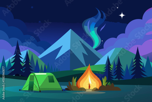 Wallpaper Mural Flat Style Tent and Campfire Under an Aurora Sky Torontodigital.ca