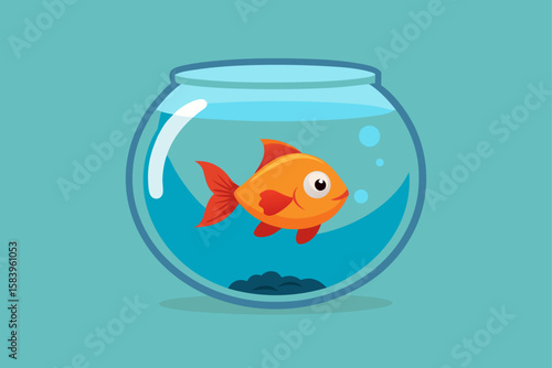 Flat Vector of a Fish Bowl with One Goldfish