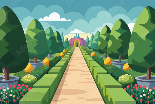Flat Vector of a Garden Path with Trimmed Bushes