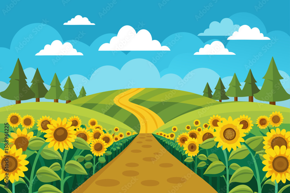Naklejka premium Flat Vector of a Pathway Through a Sunflower Field