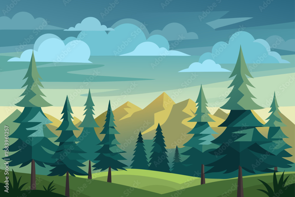 Fototapeta premium Flat Vector of a Pine Tree Forest Under a Cloudy Sky