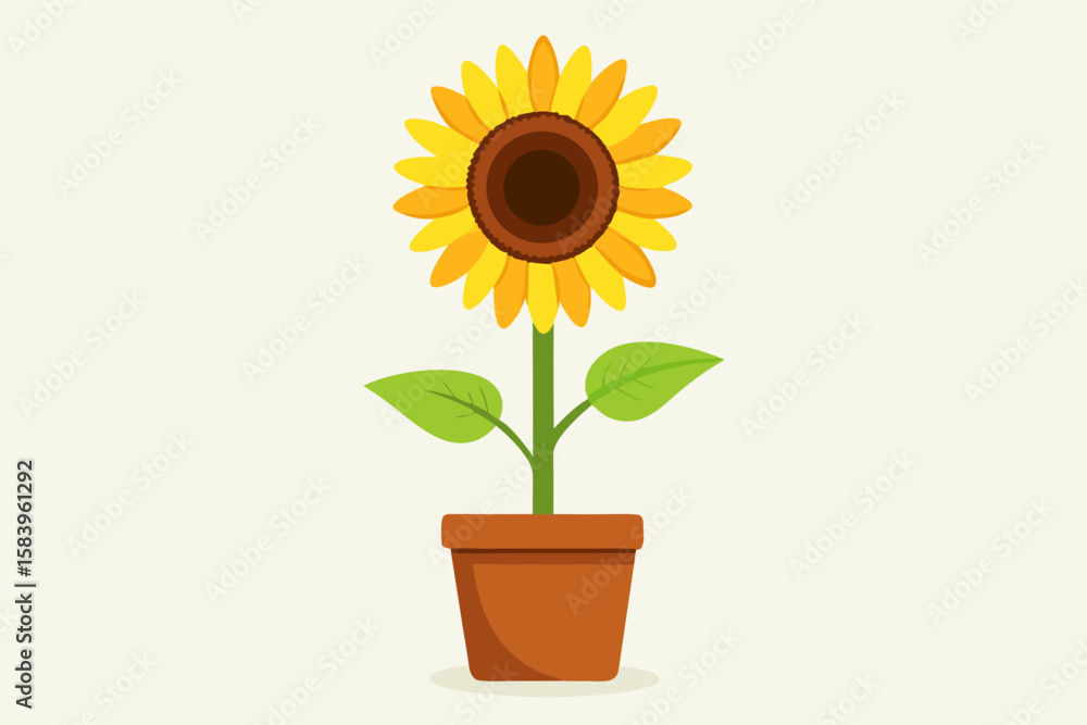 Obraz premium Flat Vector of a Single Sunflower in a Brown Vase