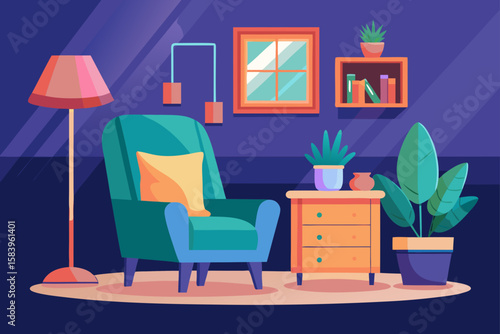 Flat Vector of a Wooden Chair Beside a Floor Lamp