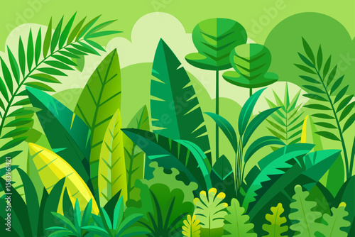 Flat Vector of a Jungle Edge with Ferns and Large Leaves