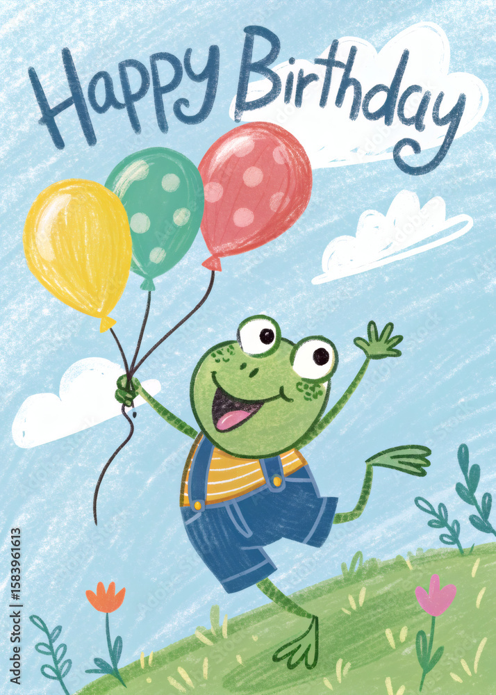 Obraz premium Frog Jumping with Balloons – Childlike Birthday Design