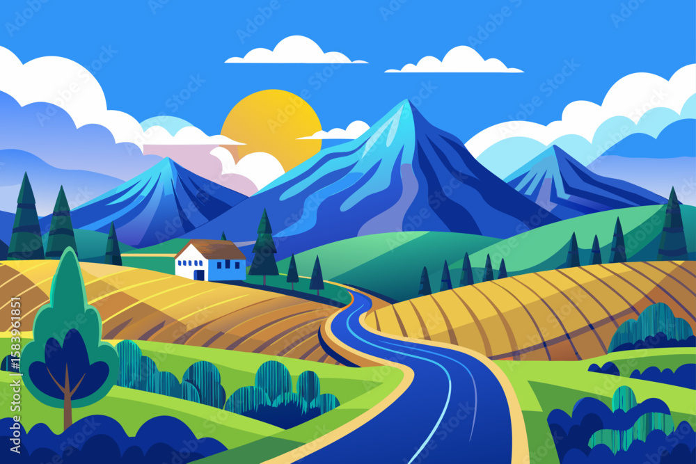 Fototapeta premium Vector Farmland with a Winding Road Through Crops