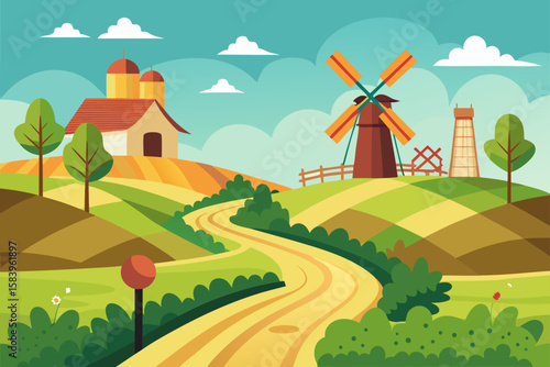 Vector Illustration of a Bicycle Path Through a Field