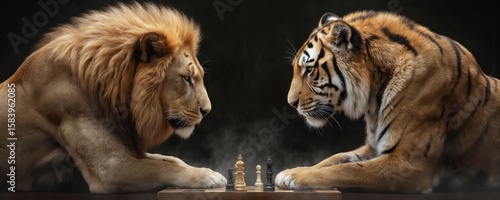 Lion, tiger play strategic game of chess. Majestic creatures face off on neutral gray background. Lion stands confident, gazing intently at tiger strategic move. Tiger orange coat contrasts with lion