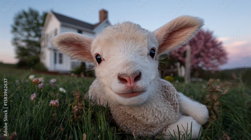 Obraz premium Lamb's Grassy Retreat: A captivating view of an adorable lamb nestled serenely amidst a verdant meadow, set against the backdrop of a charming dwelling and the soft hues of twilight.