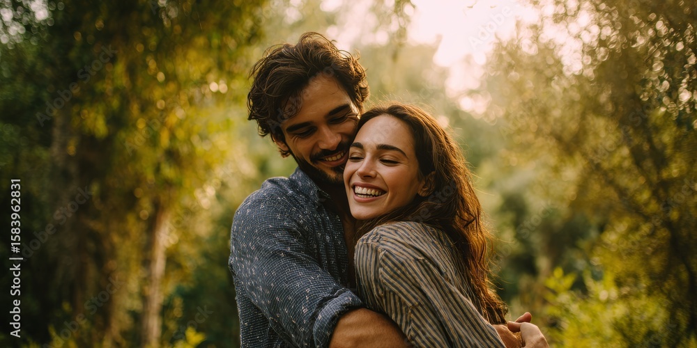Fototapeta premium Embraced by Happiness: A loving couple shares an intimate moment, their embrace radiating warmth and genuine affection amidst a picturesque natural setting. 