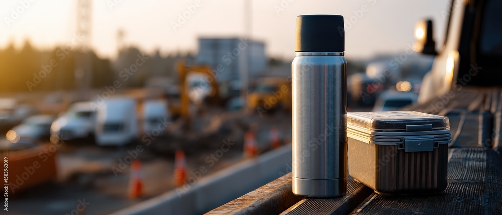 Obraz premium Stainless steel thermos and lunchbox on construction site during golden hour Concept of construction worker lunch break, healthy eating, and outdoor work