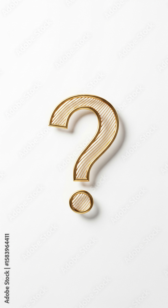 Naklejka premium Gold question mark, wireframe design, on white background, symbolizes inquiry, curiosity, and uncertainty, perfect for FAQ pages or problem-solving concepts