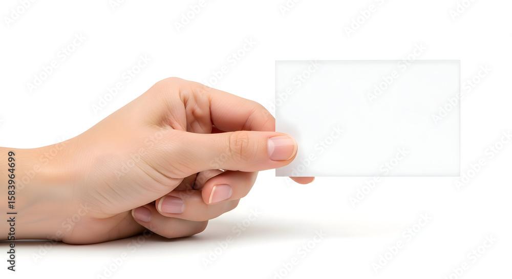 Obraz premium A close up of a hand holding a blank white card against a white background in a studio setting today
