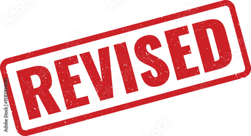 Red Distressed Revised Rubber Stamp Isolated on White Background, angled in a Rectangle Frame