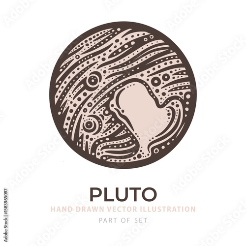 Vector illustration of Pluto in soft brown and pale pink tones. Hand-drawn engraving texture of dwarf planet, perfect for astronomy, education, and decorative use. Part of set.
