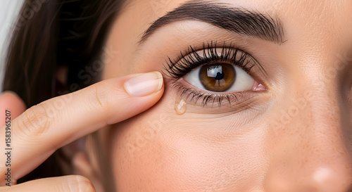 Close up of a woman's face with a tear rolling down her cheek and finger near her eye area showing emotion