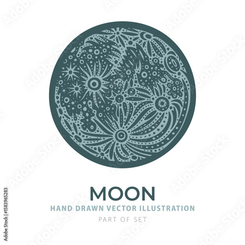 Color vector illustration of the Moon with crater texture in muted teal tones. Hand-drawn engraving style perfect for astronomy posters and mystical visuals. Part of set.