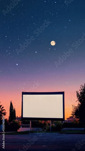 Drive-in movie screen under a starry night sky with a full moon. Perfect for showcasing evening entertainment or outdoor events.