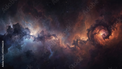 Fototapeta Naklejka Na Ścianę i Meble -  Spiral galaxy in dark cosmic space background. Vibrant blue and white colors swirl outwards, creating motion and depth. Galaxy center is larger, adding cosmic dynamism. No people, fantasy, space.