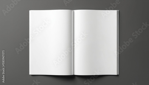 White open book with two pages on black background. Book spine and cover visible. Blank pages await reader. Empty page design for booklet or magazine mockup. Isolated object on grey-like background.