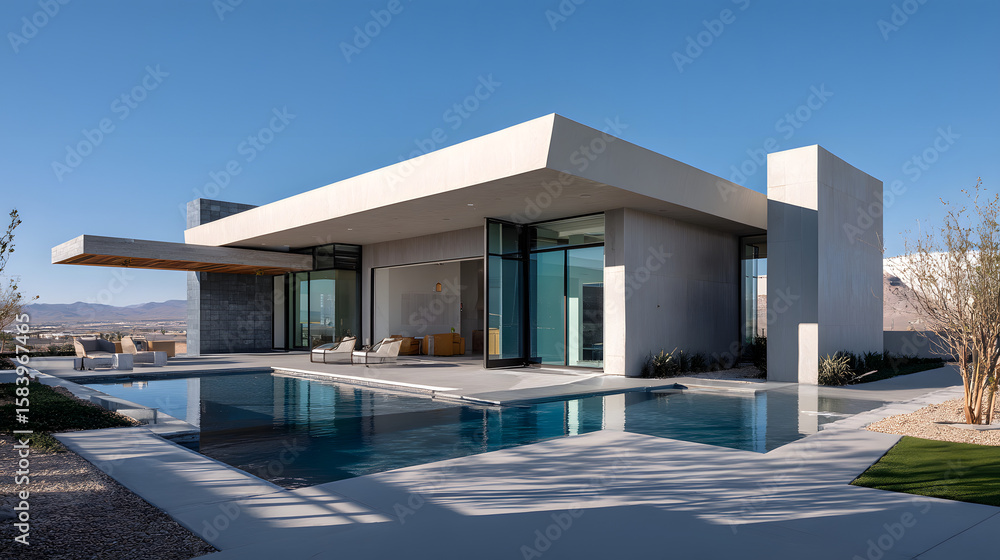 Fototapeta premium Stunning modern desert home with expansive pool and sleek architecture under a clear blue sky