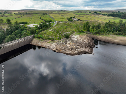 Aerial Photo of Thruscross Reservoir Yorkshire showing low water levers do to current drought.