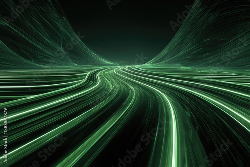 Green light trails on dark, curving paths