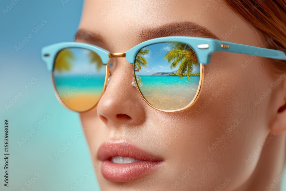Dreamy tropical escape portrait of a woman in reflective sunglasses Dreamy tropical escape portrait of a woman in reflective sunglasses