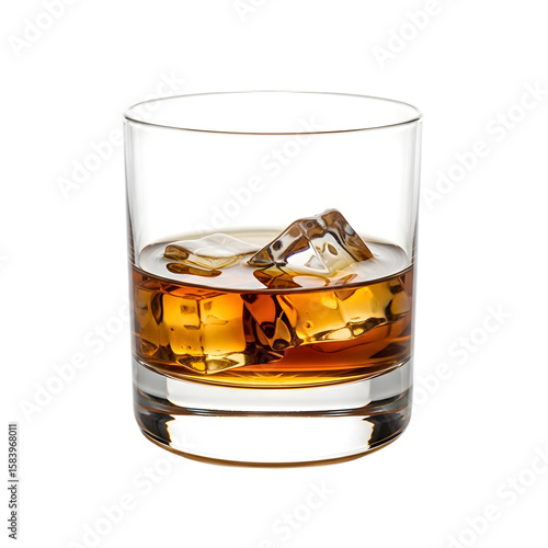 A classic short tumbler glass of amber-colored whiskey served on the rocks with crystal clear ice cubes on isolated transparent background.