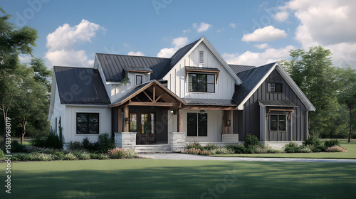 A charming modern farmhouse home with board and batten siding, dark metal roof, and inviting wooden porch details.