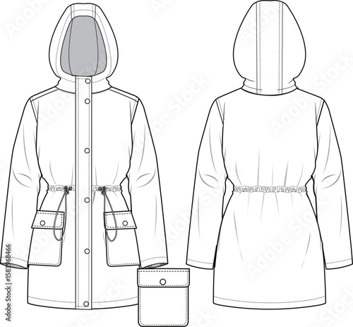 Unisex Hooded Trenchcoat. Technical flat sketch. Front and back, white colour. Unisex CAD mock-up.