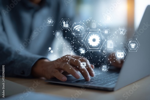 Ai, Artificial Intelligence, IoT Internet of Things concept. Business man using laptop computer on innovation technology icons on virtual screen