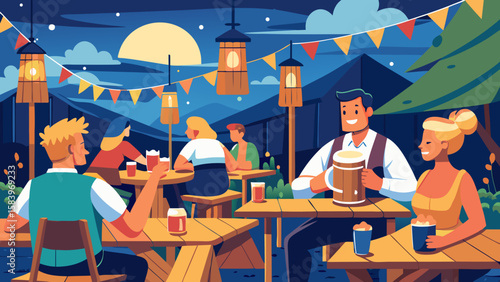 Evening beer garden scene featuring people at long wooden tables, enjoying large mugs of beer under string lights, creating a lively and inviting atmosphere for social gatherings at summer festivals