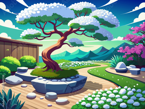 vector of Beautiful landscaping with a bans tree and white pebbles that are thrown around the bans tree to beautify it.