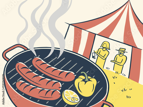 Sizzling sausages grilling on a barbecue with yellow peppers and onions, smoke rising, vibrant colors, outdoor cooking scene with hints of festive atmosphere at summer festivals in Germany