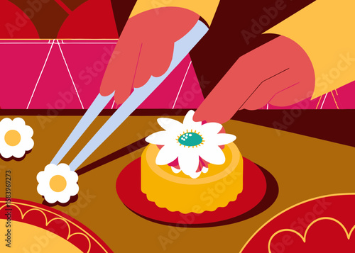 Close-up of tweezers delicately placing an edible flower on a tiny tart, showcasing vibrant colors and textures in dramatic lighting for culinary artistry