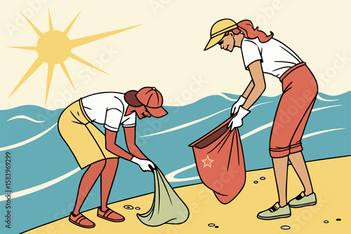 Travelers collecting plastic waste on a clean beach under bright sunlight, showcasing teamwork and environmental awareness in a vibrant coastal setting